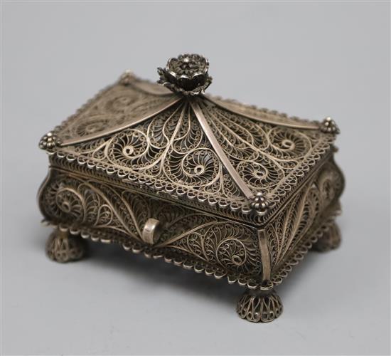 A 19th century Russian 91 zolotnik filligree white metal box and hinged cover, Andrei Kavalsky?, 1854, length 8cm.